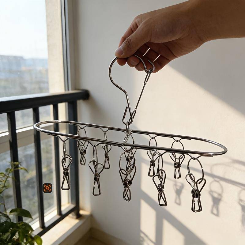 Vindtålig strumptorkställ i rostfritt stål med 10 klämmor, Rund tvättställning, Mångsidigt klädhängare för torkning på balkongen gray