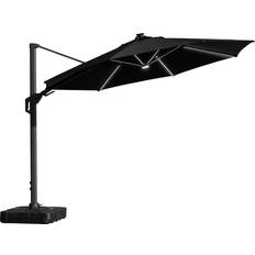 Hængeparasol Ø3,5m m/fod m/hjul+overtræk+LED, sort