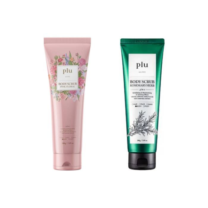 plu - Body Scrub Pink Floral - 200g (1ea) & Body Scrub - 200g - Rosemary Herb (1ea) Set - black