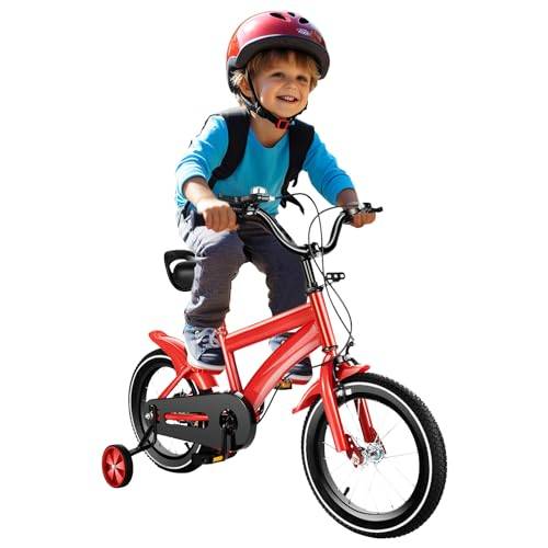 LENJKYYO Barncykel, 14 tum, med stödhjul, cykel för 3–6 år, pojkar/flickor, utomhus sportiga barncyklar, säker cykel, röd, justerbar höjd (95–135 cm)