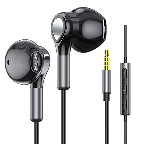 Hörlurar kabelanslutna in-ear hörlurar med hörlurar, halv i örat 3,5 mm uttag kabelanslutna hörlurar med mikrofon och volymkontroll för iPhone, Samsung, Android, iPad, MP3, de flesta 3,5 mm
