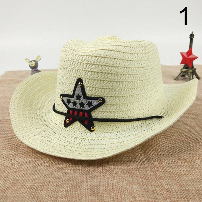 Utomhus barns cowboyhatt sommar halmhatt pojkar och flickor femuddig stjärna patch solhatt söt barns strand visirhatt - 1