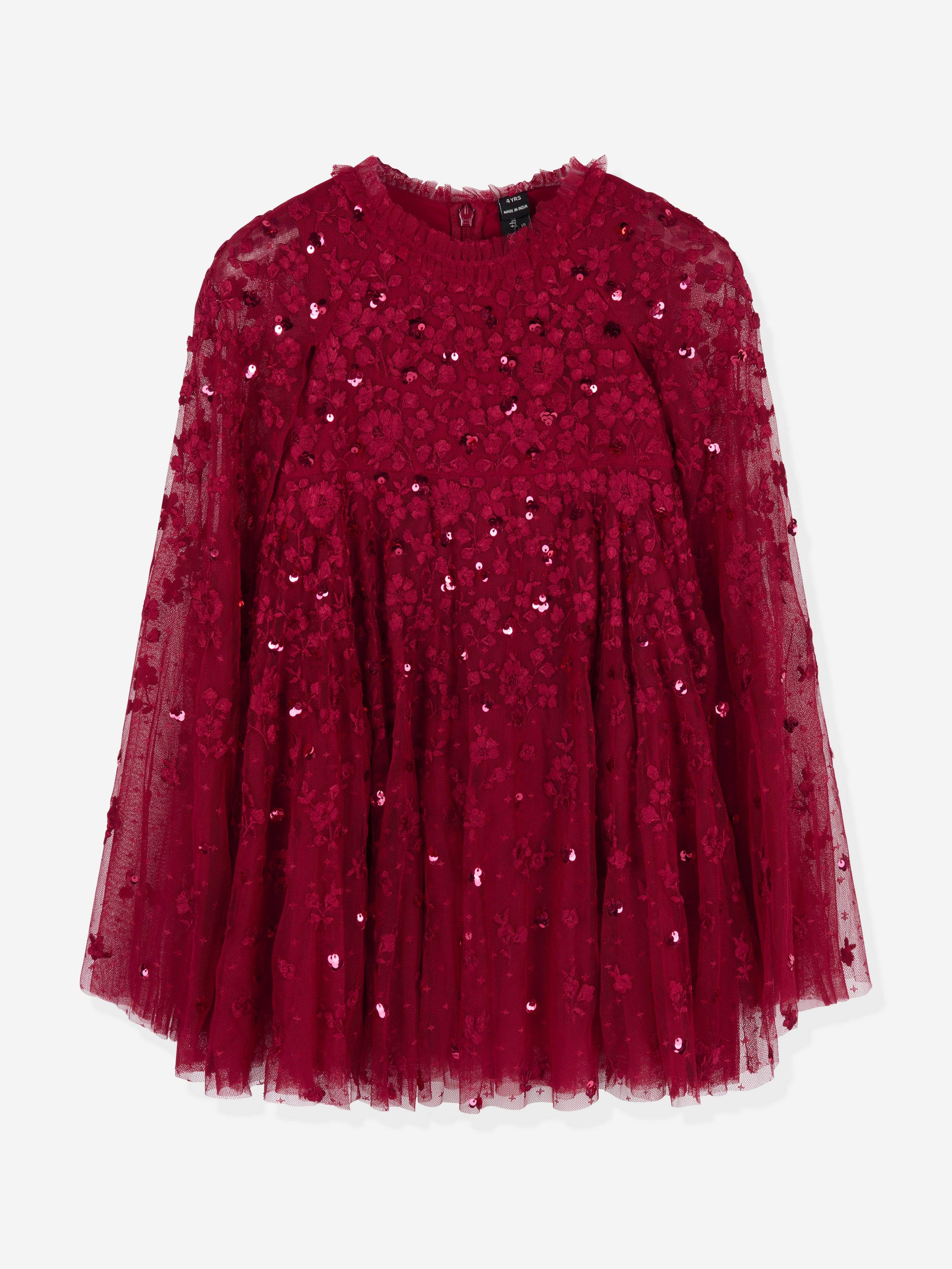 Needle & Thread Girls Dahlia Ditsy Cape Dress in Red - Red / 3 Yrs (3 Yrs)
