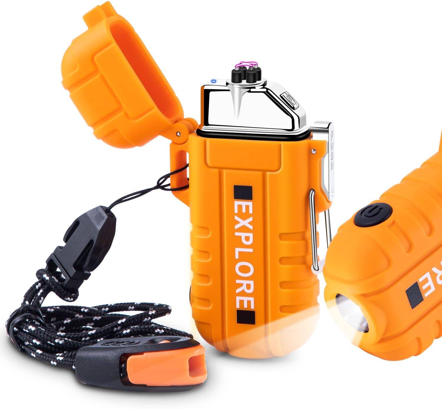 Elektrisk lighter med lygte genopladelig - Vandtæt og med nødfløjte - Orange
