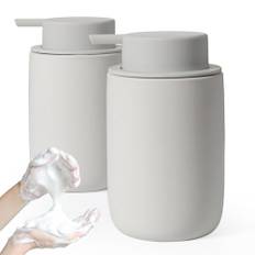 Autumnlife Tvålpump set skum, 2 stycken skumtvåldispenser matt grå tvåldispenser med stor pump och etikett, keramisk disktvåldispenser lämplig för kök badrum bänkskiva | 350 ml