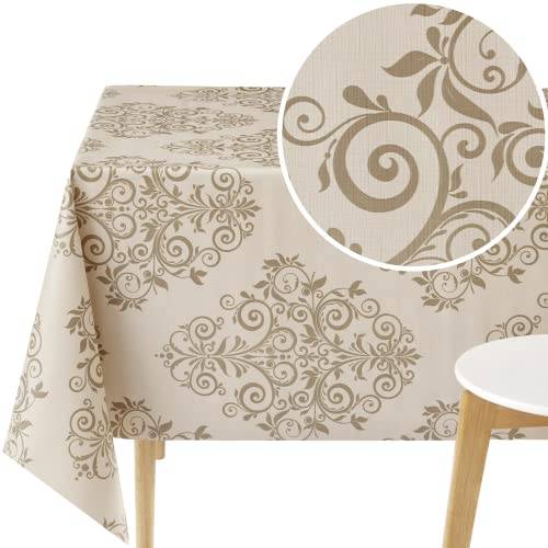 KP HOME Rektangulär vaxduk, 200 x 140 cm, beige, avtorkbar PVC-plastduk för inomhus- och utomhusbruk, lätt att rengöra, vattentät, vinyl, med elegant barockmönster för damaskusblomma