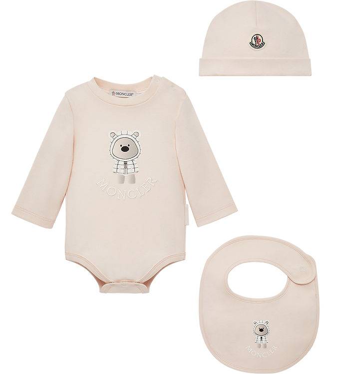 Moncler Set - Mössa/Dregglisar/Body l/ä - Light Pink m. Gosedjur - Moncler - 6-9 mån - Body L/Ä