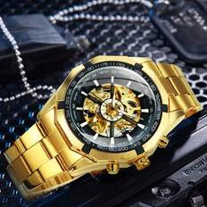 1pc Fashion Gold Skeleton Automatic Mechanical Watch For Men Luminous Hands Stainless Steel Strap Business Casual Men Watches Gifts - one-size