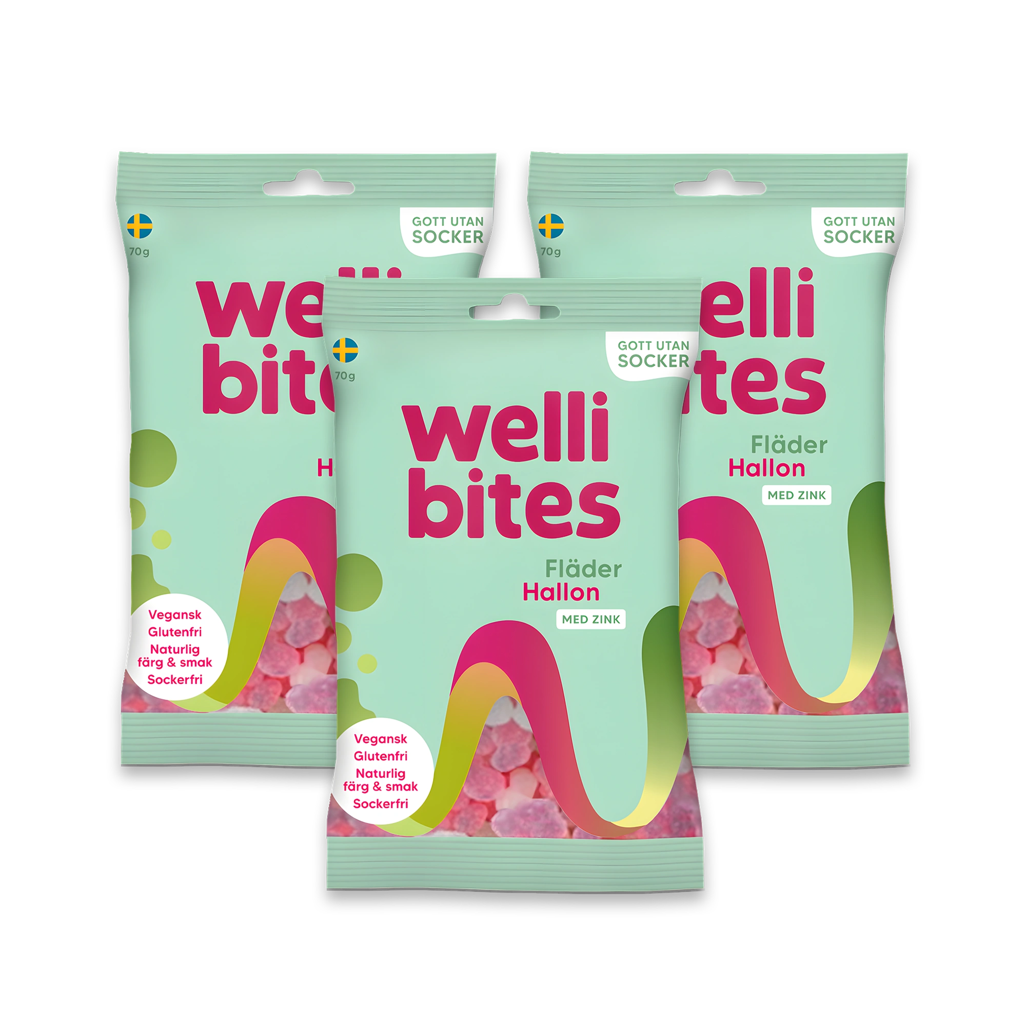 3 X Wellibites Candy 70 G Fläder & Hallon