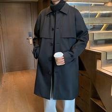 Men&#39;s Solid Color Lapel Long Sleeve Single-Breasted Loose Casual Long Trench Coat, Spring & Autumn, Work Black Trench Coat, For Friends, Husband, Boyf - Black - L,M,S,XL,XXL