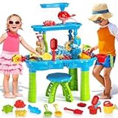 deAO Stort sandvattenbord med 13 stycken tillbehörsset, vattenkokare, hink, sandform, kratta, spade, trädgård vatten lekbord, utomhus strand aktivitetsbord barn
