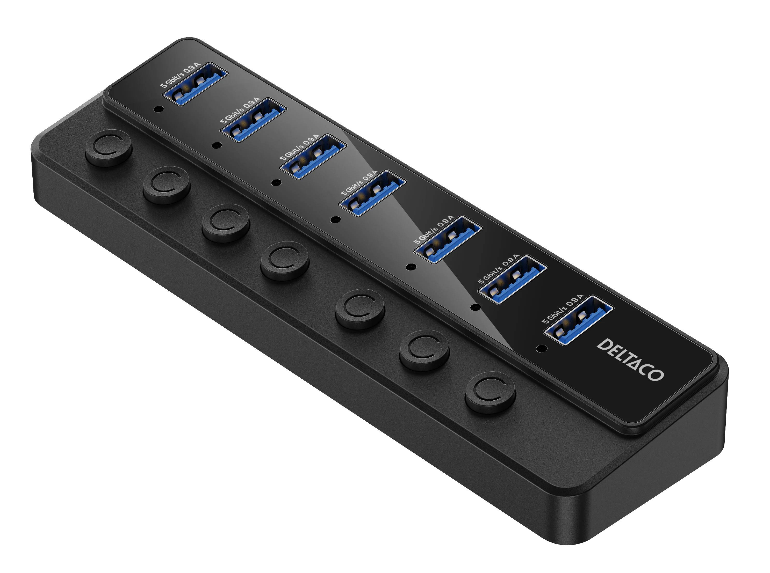 USB-hubb Deltaco 7 portar USB 3.0, AC-adapter ingår, svart