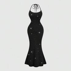 Plus Size Women&#39;s Party Sparkly Glitter Tight Backless Sleeveless Bodycon Mermaid Dress - Svart (0XL,1XL,2XL,3XL,4XL)