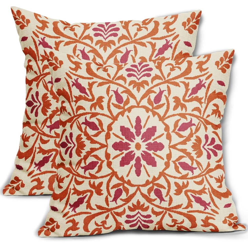 Orangerøde boho pudebetræk 16x16", vintage blomsterprint, firkantede hørpudebetræk, landlig og efterårsdekoration sæt med 2
