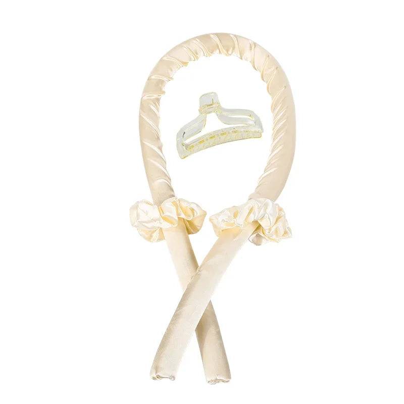 Heatless Curling Rod Headband No Heat Silk Curls Ribbon Hair Rollers Sleeping Soft Headband Lazy Hair Curlers Hair Styling Tools - Champagne with Clip / CHINA
