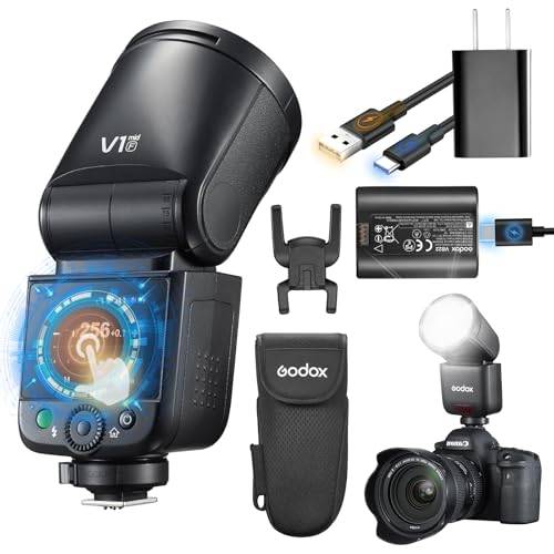 Godox V1 MID F Blixt för Fuji-kameror, 55Ws rundhuvud-blixt med pekskärm, över 650 blixtar på full effekt, TTL/HSS 1/8000 s, magnetisk AK-R1-adapter för X-T5, X100VI, X-H2 och X-S20