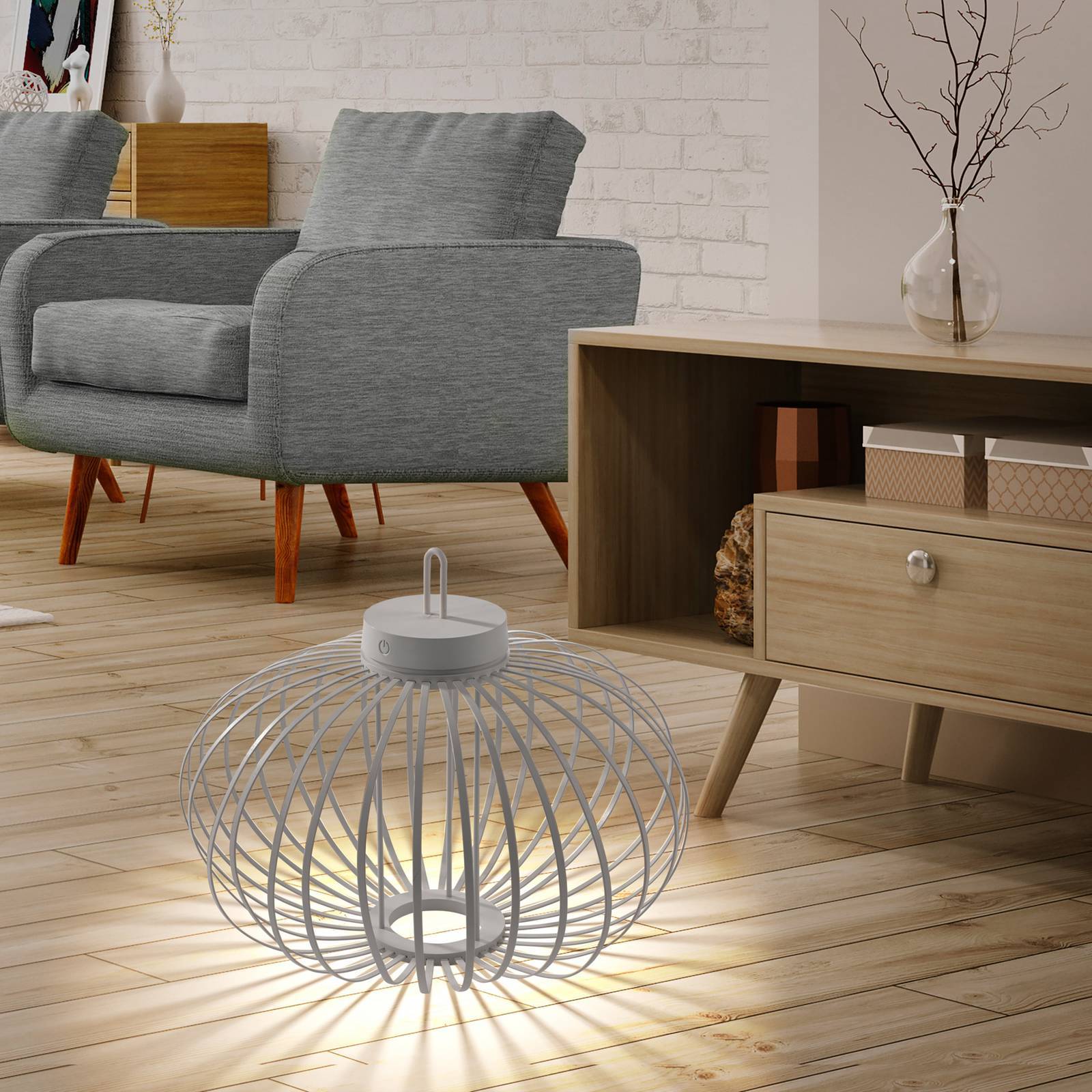 JUST LIGHT. GmbH LED-bordslampa Akuba grå-beige 37cm bambu Akuba, dimbar, Aluminium / grå / zink, Vardagsrum / matsal, Bambu, Modern