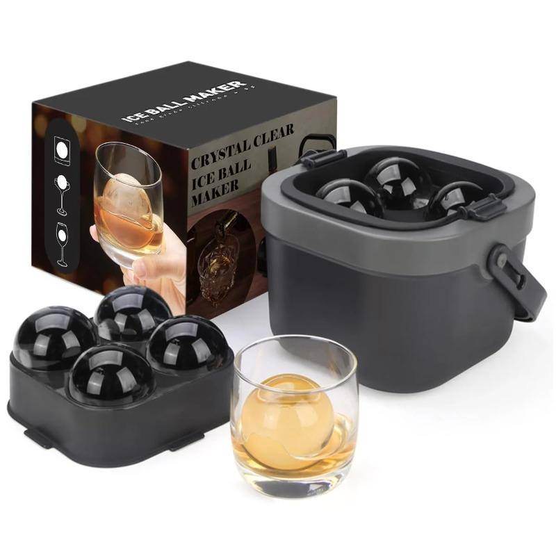 Kristallklar Isbollstillverkare, 4 Stora 2,4  Klara Sfäriska Isbitsformar för Whiskey, Drinkar & Bourbon svart