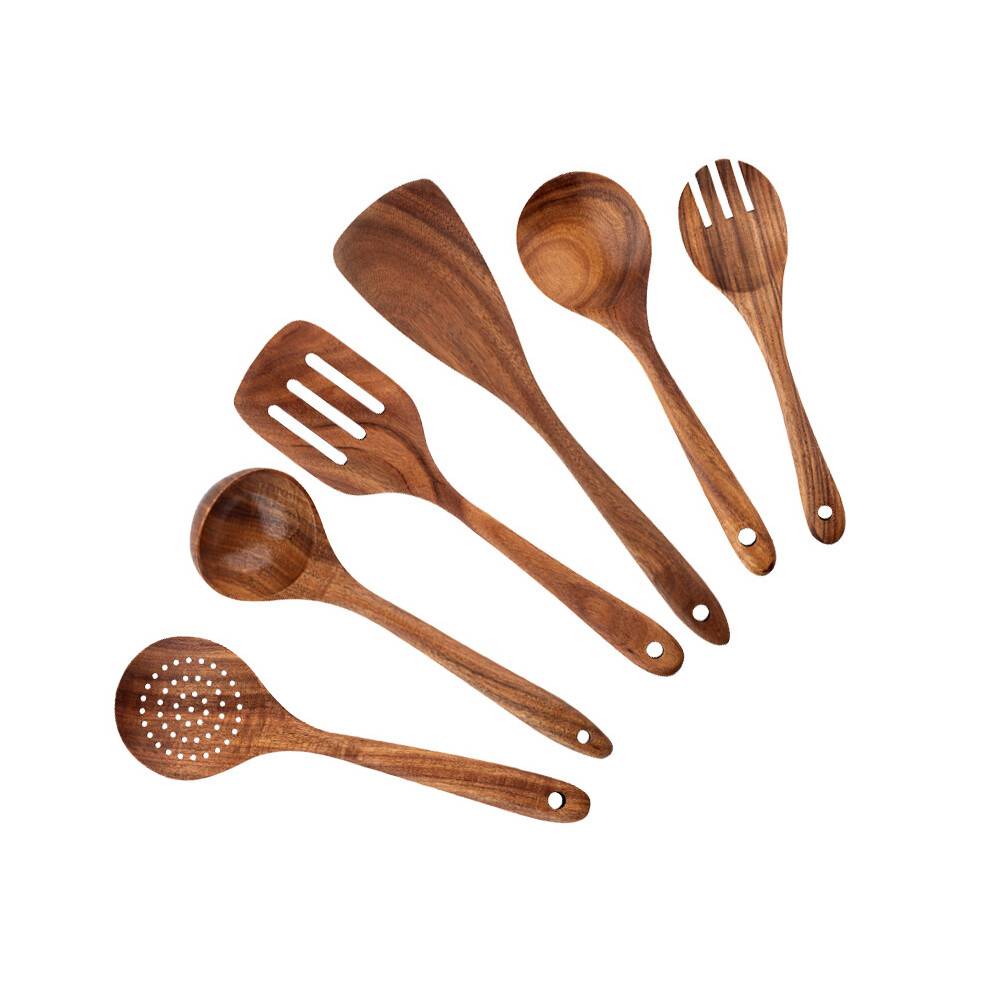Miljøvenlige køkkenredskaber i teak, non-stick køkkenredskaber i træ, komfortabelt greb, holdbart sæt til mesterkokke, 6 dele, varmebestandig,