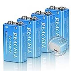 REACELL 9 V block batteri 650 mAh Type-C uppladdningsbart Li-Ion batteri 1,5 timmar snabbladdning 9 volt batteribatterier uppladdningsbara blockbatteri lång livslängd för rökdetektorer