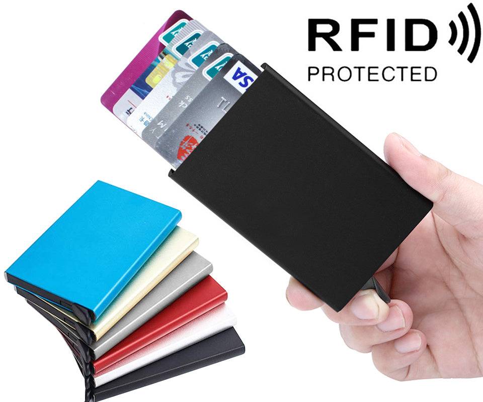Korthållare 5 kort - Plånbok Pop-Up i Aluminium - RFID - Guld / Blue