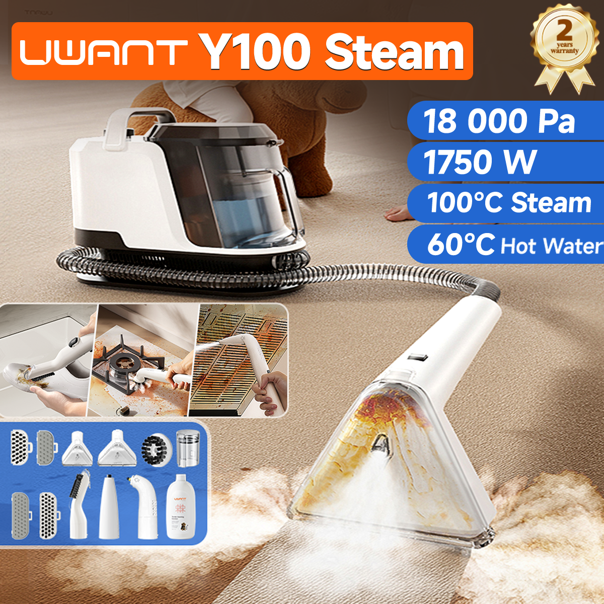 Uwant Y100 Steam Carpet Cleaner 100°C Steam 18KPa 1750W Spray Brush Suction Self-Cleaning Multiple Nozzles for Sofa Car Shoe Pet