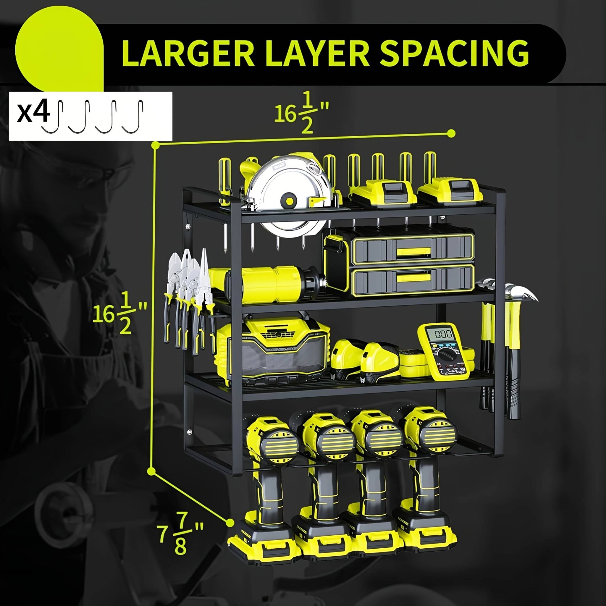 TEMU 2026 1pc Wall-mounted Drill Rack, 4-layer Power Tool Organizer Practical Storage Shelf, For Cordless Drill Garage Tool Management, Storage Racks