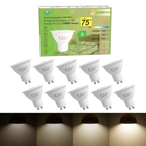 GY GU10 Led Dimmbar Neutralweiss Lampe, 4.9W 790 Lumen 4000K Neutralweiß Glühbirnen,75W lampe ersetzt,Abstrahlwinkel 120° Leuchtmittel,GU10 Dimmbar, Energiesparlampe,10 Stück
