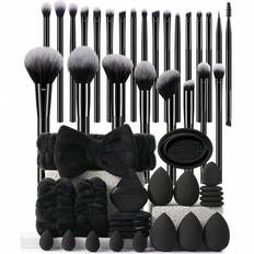 49-delars sminksvampset innehåller: 25 st mjuka sminkborstar (puder, rouge, kontur, foundation, näsa, ögonskugga, ögonbryn, läpp, detaljborstar), 5 st - Svart