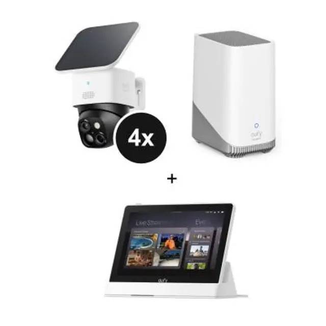 SoloCam S340 - Dual Kamera Schwenk & Neige Outdoor Kamera - 4er-Set + HomeBase 3 + Smart Display E10