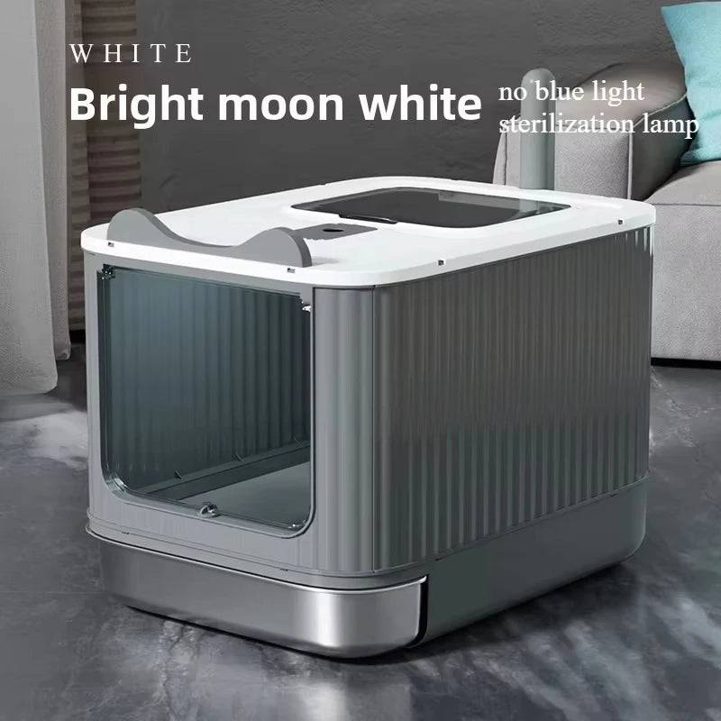 XXL Stainless Steel Enclosed Self-Cleaning Cat Litter Box — Anti-Splash Drawer in White, Yellow & Pink - white