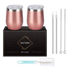 Livole vinglas set med 2, 355 ml dubbelvägg vakuum rostfritt stål vinglas med lock och sugrör, 2-pack rimliga stamlösa resekaffemuggar, vinkoppar för familj, varma och kalla drycker, roséguld
