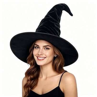 Svart häxhatt med tofs, Halloween-trollkarlshatt med spindel- och fladdermusdekor, plisserad läskig kostymaccessoar, lämplig för högtidsfester