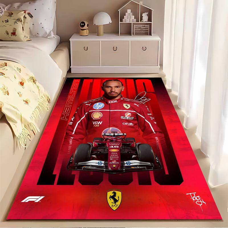 F1 Racing Area Rug, Lewis Hamilton 16 Ferrari Red Formula 1 Print, Motorsport Fan Room Decor, Anti-Slip Floor Carpet