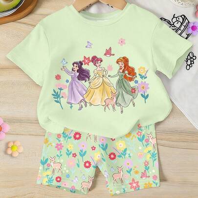 1 set unga flickors casual söt söt mintgrön kortärmad outfit, drömlik prinsesstryckt t-shirt och bedårande fjärils-, hjort-, blommönster shorts, somma - Multifärgad (6Y,7Y,4Y,5Y)