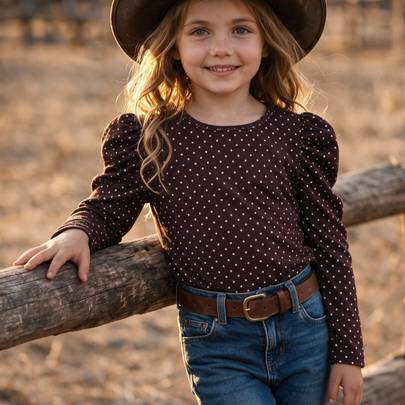 Casual stickad T-shirt för barnflicka med prickigt mönster, rund hals och gigotärmar - Kaffebrun (6Y,7Y,8Y,4Y,5Y)
