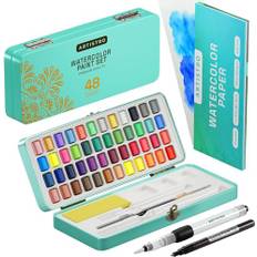 Artistro Akvarellfärger set, 48 levande färger i bärbar låda, inklusive metalliska och fluorescensfärger, perfekt reseakvarellset för konstnärer, hobbymålare och älskare av målning