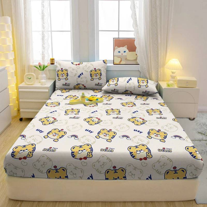 1 Cartoon Fun Animal Printed Matte Fitted Sheet, Bedroom Printed Bed Cover, Bedding (Excluding Pillowcases) - Happy Tiger / 138x190cm