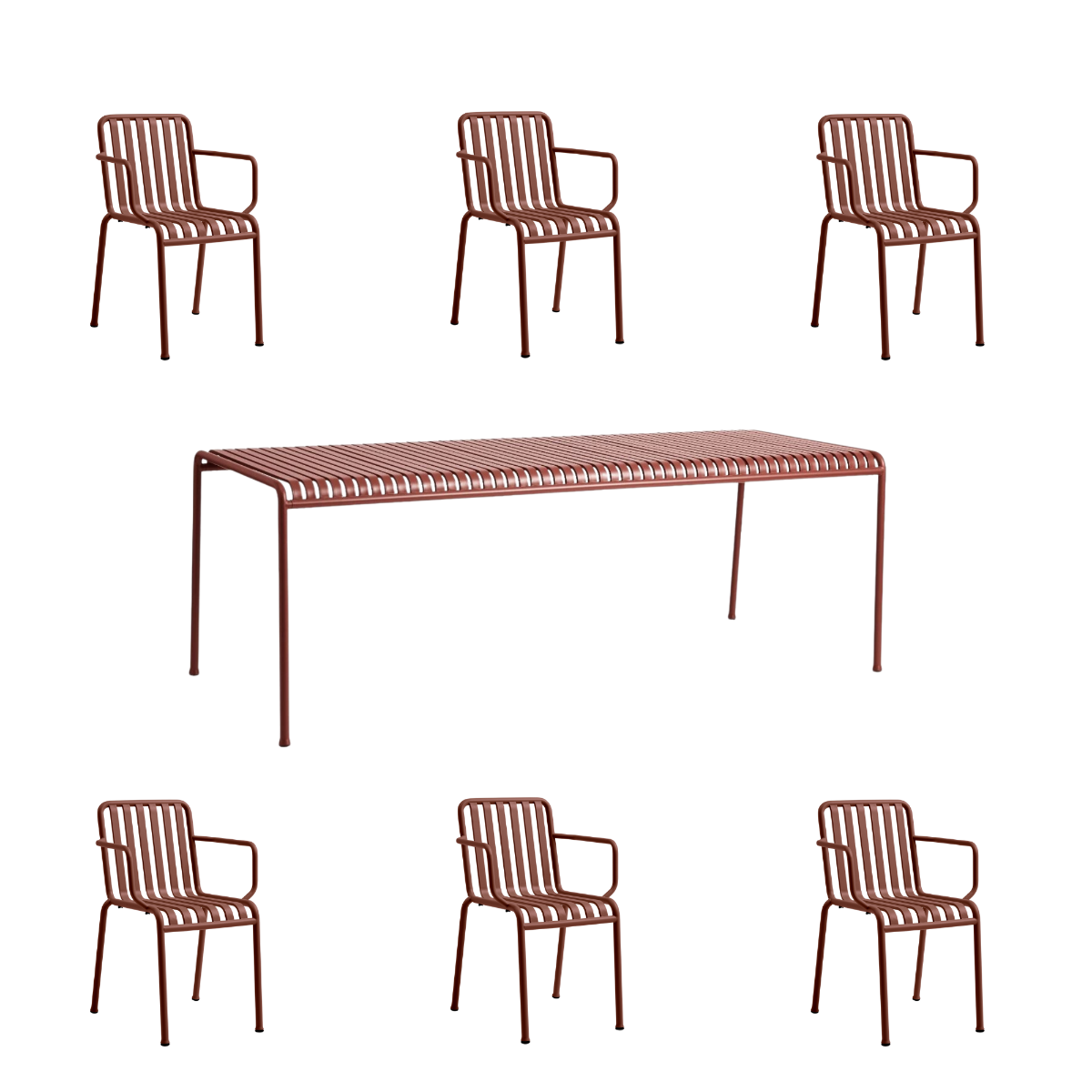 HAY Palissade Sæt Table L220 x 6 Palissade Armchair - Iron Red