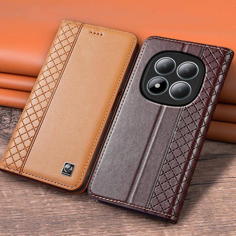 Flippfodral för XIAOMI POCO M8 M8Pro Pro 5G Äkta Läder Magnetiskt Bokfodral Ko-läder Rutmönster Kortficka Plånboksfodral röd