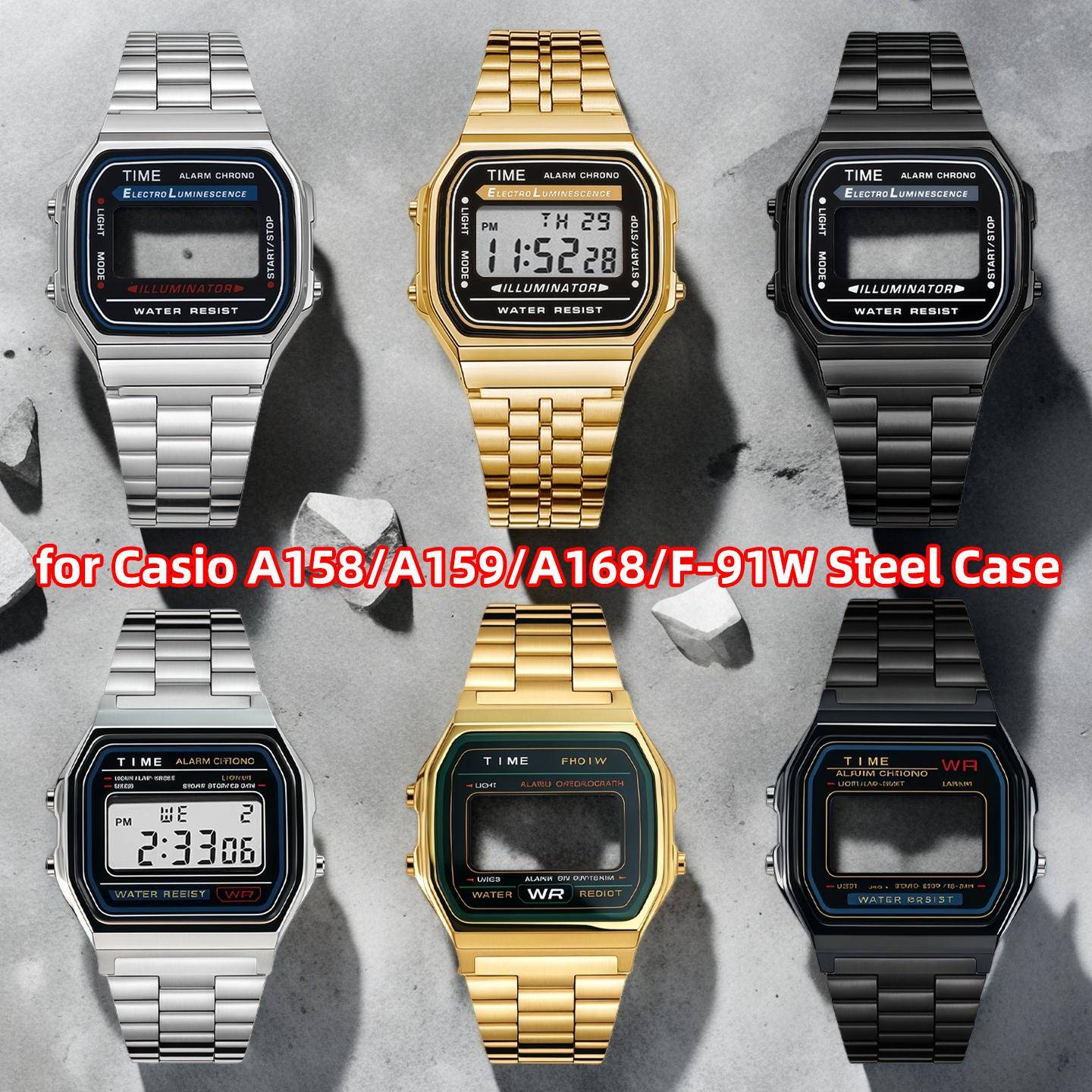 Rostfritt Stål Case Mod Kit för Casio A158W/A159W/A168WG/WE/F91W–Högkvalitativ Metallinfattning, Armband & Glasersättning Vattentät gray