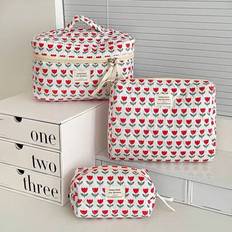 Red Tulip Printed Zipper Fabric Cosmetic Bag, Toiletry Pouch, Makeup Organizer, Suitable For Daily Use, Home & Travel, Women Makeup Organizer Makeup S - Red - Cosmetic Bag,Clutch,Small Cosmetic Bag,Three Piece Set