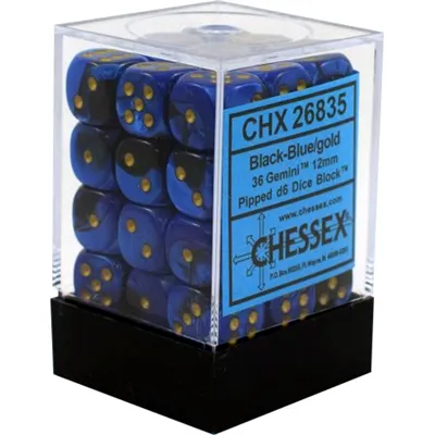 Chessex Gemini 12mm d6 Dice Blocks (36 Dice) - Black-Blue w/gold