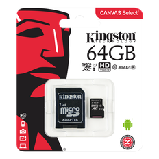 Kingston Canvas Select microSDXC-kort, 64GB, Klass 10 UHS-I, inkl. SD-korts adapter, svart