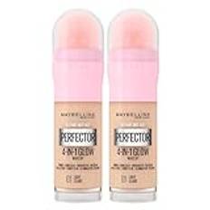 Maybelline New York Instant Age Perfector Glow 4in1 korrigerare BB-kräm, primer färg 01 ljus klaire med applikationssvamp, 2 flaskor på 20 ml