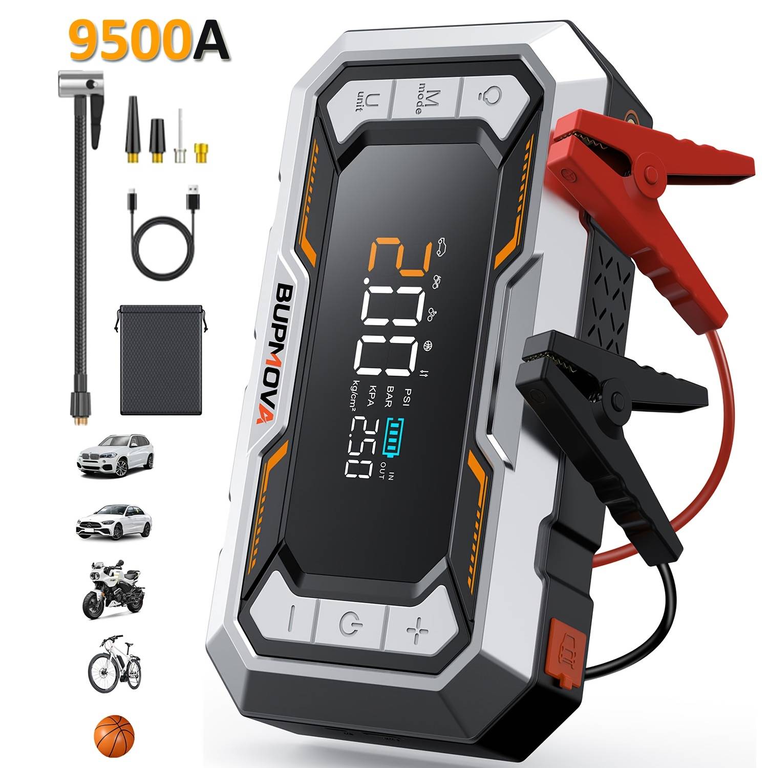 TEMU 9500a Car Jump Starter With Air Compressor Cordless Tire Inflator, Car Battery Booster With Power Bank Pack & Led Flashlights, 12v Auto Jumper Gas Or 10.0l Vehicles, Dual Air Pressure Display