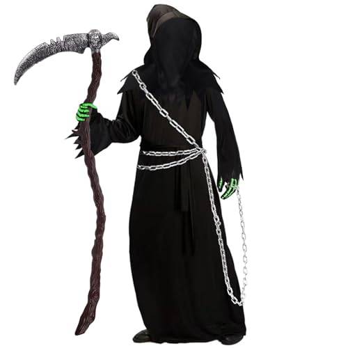 Halloween Kostüm Herren - 6er Gruselige Sensenmann Kostüm Erwachsene mit Maske & Sense(123 cm) & Metallkette Set,Horror Geister Kostüme Manner Dementor Grim Reaper Costume für Karneval Cosplay,XL
