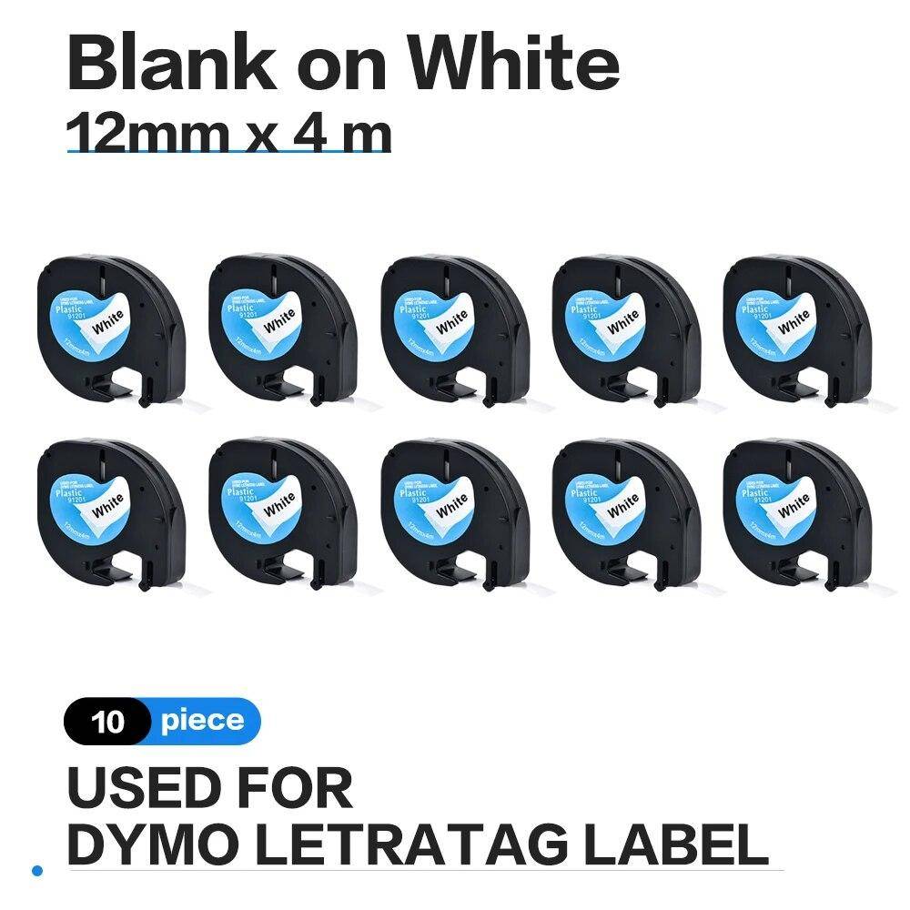 10 stycken 12 mm LetraTag LT91201 Etikettband Plast 91201 Svart på Vit för Dymo letra tag Maskin LT-100H, LT-110T, QX 50 Skrivare