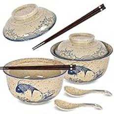 DEARBAG Set med 2 japanska keramiska ramenskålar, 800 ml stor soppskål med lock ätpinnar och sked för udon, soba, hor fun, nudlar, ramen, sallader och soppor, diskmaskinssäker