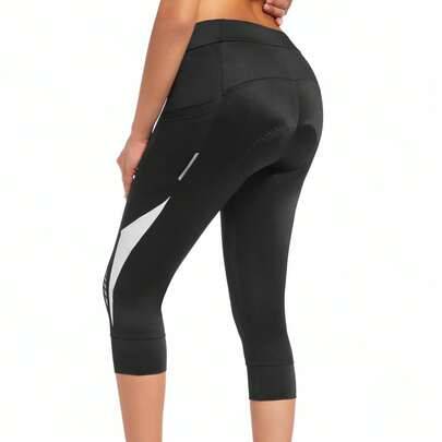 Dam 4D vadderade cykelshorts, utomhuscykelshorts, cykelshorts med hög midja, andningsbara, snabbtorkande cykelbyxor i 3/4-format, cykelleggings i 3/4- - Svart (L,M,S,XL,XXL)